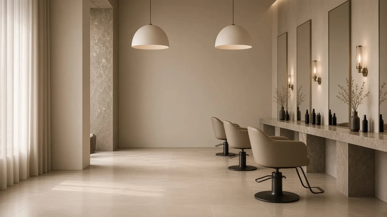 Brand imagery of a warm beige salon floor with dome pendants and taupe chairs.